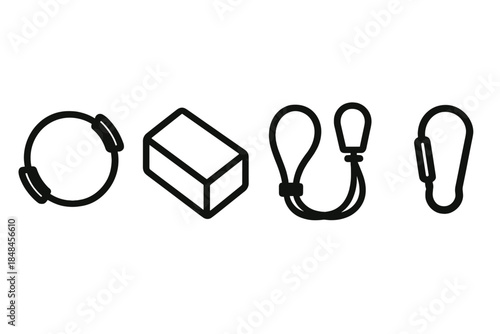 Compact Workout Icons. Compact Workout Accessories linear set: pocket pilates ring, mini foam block, tension cord clip.