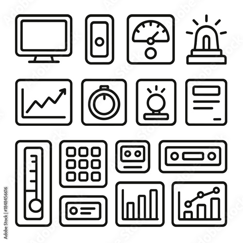 Complex Control Panel. Control Panel Set linear set: monitor screen, on/off switch, analog gauge, alert beacon, trend line, adjustment knob, signal lamp, log entry card, level