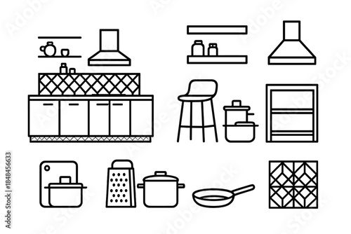 Sleek Kitchen Design. Modern Culinary Space linear set: floating shelves, matte cabinet finish, stainless hood, prep station board, minimalist bar chair, sleek pot set, open pantry