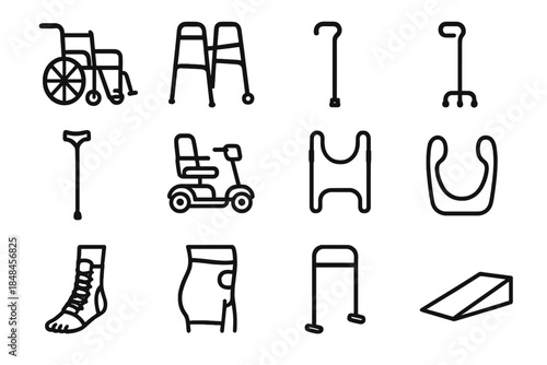 Mobility Aid Icons. Mobility Aid Equipment linear set: folding wheelchair, rollator walker, single cane, quad cane, elbow crutch, powered scooter, transfer sling, lift assist strap