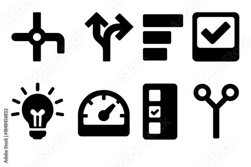 Decision Icons Set. Decision-making frameworks silhouette set: pathway node, option fork, reasoning bar, guided prompt tile, clarity light, evaluation meter, choice panel, outcome