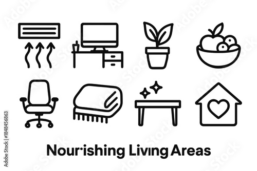 Comfort & Wellness Icons. Nourishing Living Areas linear set: fresh air vent, tidy workspace, houseplant pot, healthy snack bowl, ergonomic chair, warm blanket, dust-free surface,