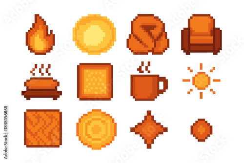 Pixel Warmth Icons. Comforting Warmth Symbols pixel style set: soft flame, warm light halo, comfort wrap icon, cozy seat, heated cushion, gentle glow panel, warm drink symbol,