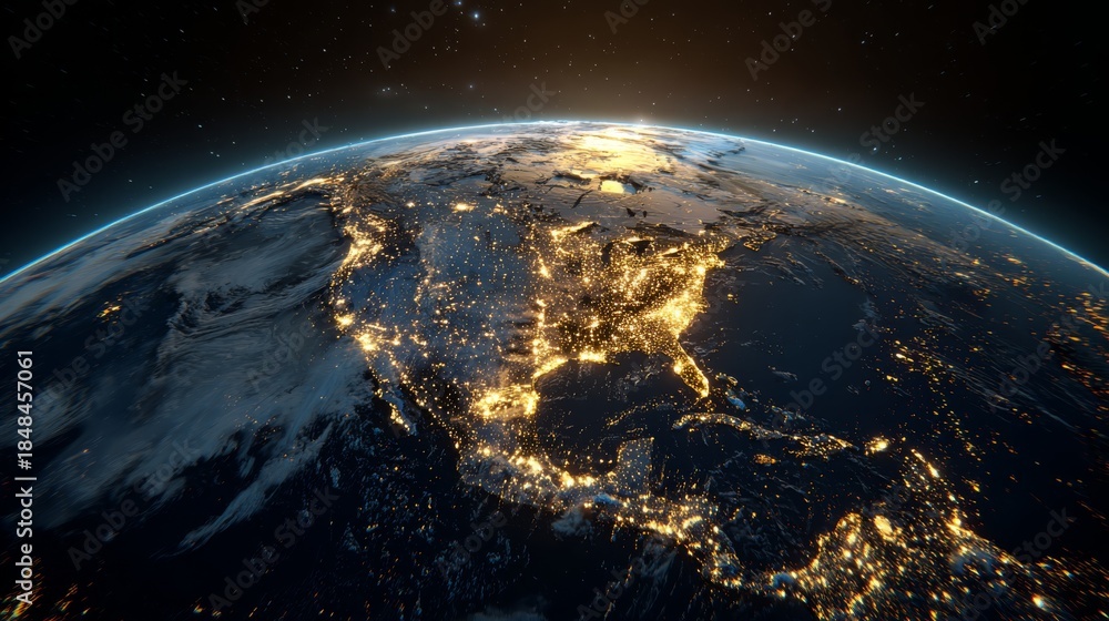 Obraz premium Earth at Night: A breathtaking view of Earth at night, showcasing the vibrant illumination of cities and the vastness of the cosmos, symbolizing interconnectedness and the beauty of our planet.