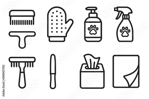 Pet Hygiene Essentials. Pet hygiene essentials linear set: flea comb, bath mitt, gentle shampoo, grooming spritzer, coat rake, nail file, cleaning wipe, drying cloth.