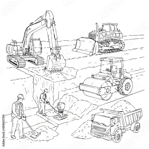 Construction site heavy machinery excavator bulldozer roller dump truck.