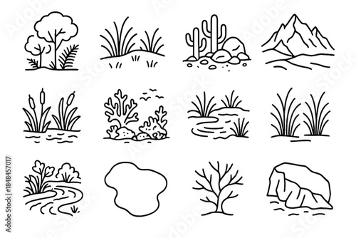 Ecosystem Icon Array. Ecosystem Diversity Set linear set: forest understory, open grassland, rocky desert, alpine ridge, swamp pool, coral shelf, peat bog, steppe grasses,