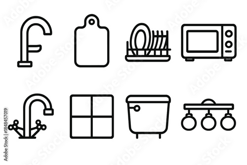 Kitchen and Bath Icons. Household kitchen & bath icons linear set: faucet spout, cutting board, dish rack, microwave front, bath faucet, tile pattern, toilet tank, vanity light.