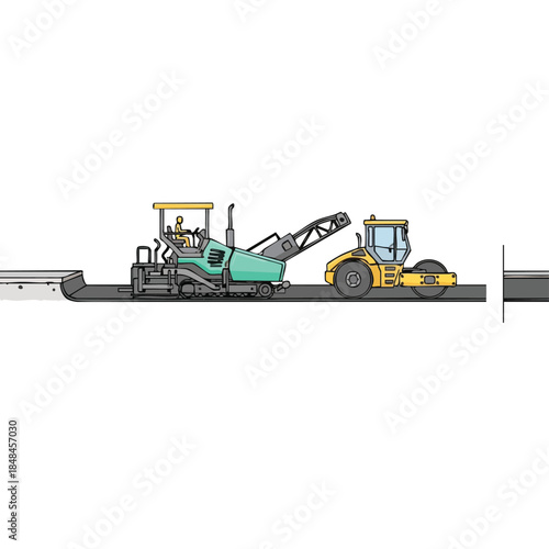 road roller and asphalt paver working together.