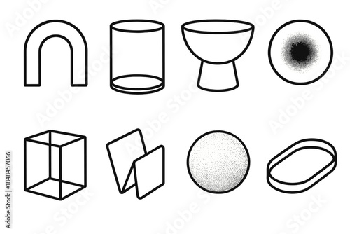 Modern Decorative Icons. Modern Decorative Pieces linear set: metal arc sculpture, frosted glass cylinder, matte planter, gradient disk, acrylic block, folded steel form, textured