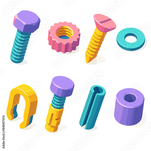 Colorful Metal Fasteners. Metalwork fastening tools flat isometric set: machine bolt, serrated nut, countersunk screw, flat washer, clip fastener, wedge anchor, roll pin, mounting