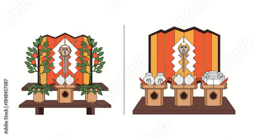 Illustrations of a traditional Japanese Shinto household altar (kamidana) set up for worship, showing offerings like sake, rice, and sakaki branches, representing spiritual customs and traditions.