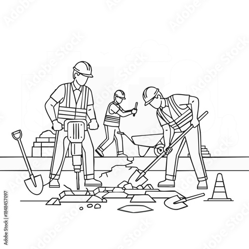 Construction workers repairing road with shovels and tools.