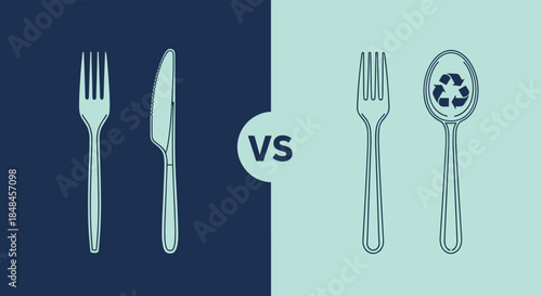Conceptual illustration comparing disposable plastic cutlery (fork and knife) versus reusable or eco-friendly options, featuring a fork and a spoon with a recycling symbol, promoting sustainability.