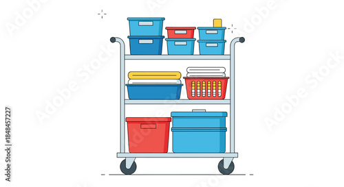 Simple line art illustration of a fully stocked housekeeping or janitorial cart with multiple shelves, carrying cleaning supplies in colorful bins, folded towels, and a laundry basket.