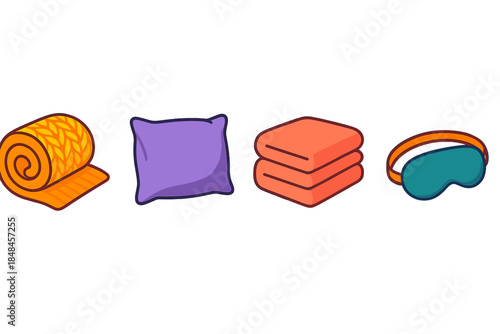 Cozy Sleep Essentials. Cozy Sleep Add-Ons flat set: warm knit blanket, smooth pillowcase, restful bedding band.