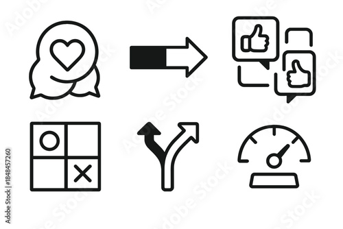 Complex Decision Dynamics. Conflicting Preference Dynamics linear set: dual-desire bubble, contrast arrow, priority clash bar, mixed-intent icon, decision fork tile, stability