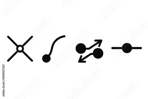 Particle Interaction Icons. Particle Interaction Environments linear set: collision-point node, particle-track strand, energy-exchange bead.