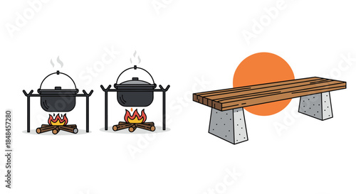 Outdoor and camping themed illustration set featuring two cast iron dutch ovens cooking over campfires and a simple, rustic bench made of a wooden plank and two concrete blocks.