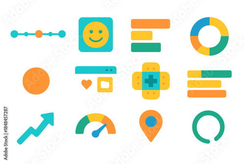 Digital Care Icons. Whole-Person Digital Care flat set: health timeline tile, mood insight node, lifestyle factor bar, treatment map ring, symptom cue dot, resource hub panel, care