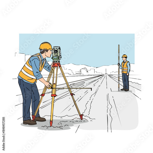 Surveyor using theodolite on construction site.