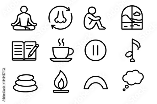 Meditative Icon Set. Inner Calm Practices linear set: meditation pose, breathing loop, quiet space icon, serene window view, reflective journal, calm tea cup, mindful pause symbol,