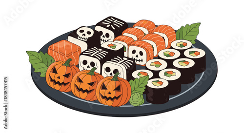 Festive and spooky Halloween-themed sushi platter, featuring salmon nigiri, maki rolls, and creative sushi pieces decorated like skulls and skeletons, accompanied by carved jack-o'-lantern pumpkins.