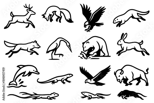 Dynamic Wildlife Icons. Dynamic Wildlife Moments linear set: deer leaping, fox pouncing, eagle diving, otter sliding, wolf sprinting, heron striking, bear fishing, hare bounding,