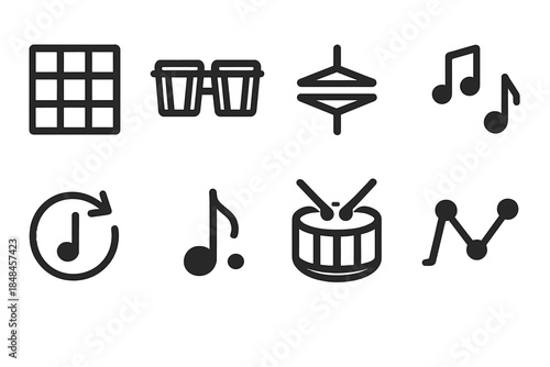 Percussion Groove Icons. Percussion Groove Icons linear set: rhythm grid, bongo pair, hi-hat mark, syncopated pulse, tempo sweep, beat emphasis dot, rolling drum stroke, pattern