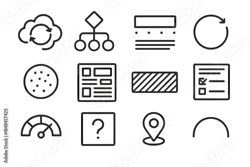 Cognitive Patterns Icons. Overthinking Behavior Structures linear set: thought-cycle tile, indecision node, over-detail bar, hesitation cue ring, cognitive stress dot, information