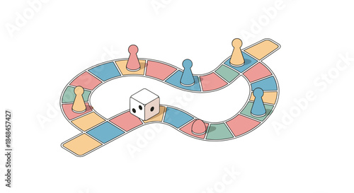 Isometric line art illustration of a winding, infinity-shaped board game path with colorful squares, featuring various player pawns and a single white die, representing games, strategy, and journey.