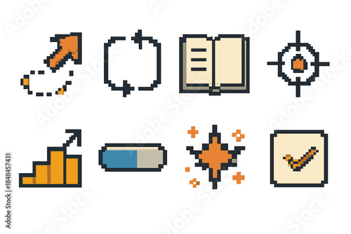 Pixel Art Skill Icons. Skill Training pixel style set: guided arrow, practice loop, open notebook, focus dot, structured steps, progress bar, learning spark, task tile.