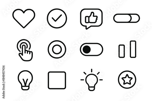 Interactive UI Icons. Engagement Interface Elements linear set: clickable icon, choice chip, reaction bubble, progress bar, interactive cursor, highlight ring, toggle knob, poll