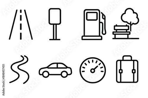 Highway Journey Icons. Highway Journey Set linear set: road stripe, mile marker sign, fuel pump icon, rest stop bench, winding route line, car silhouette, speedometer dial, travel