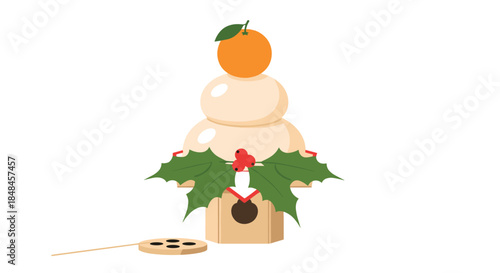 Illustration of Kagami Mochi, a traditional Japanese New Year decoration, consisting of two stacked rice cakes topped with a daidai orange, and adorned with holly leaves and berries.