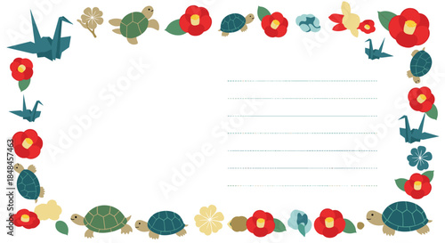 Japanese-style decorative frame or postcard border featuring auspicious and cultural symbols like turtles, paper cranes (orizuru), and camellia flowers, with space for text in the center.