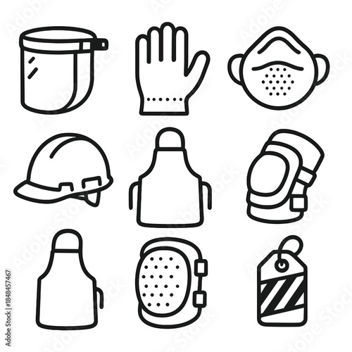 PPE Safety Icons. Personal Protective Basics linear set: face shield, grip glove, dust mask, elbow guard, knee pad, sturdy helmet, protective apron, hazard stripe tag.