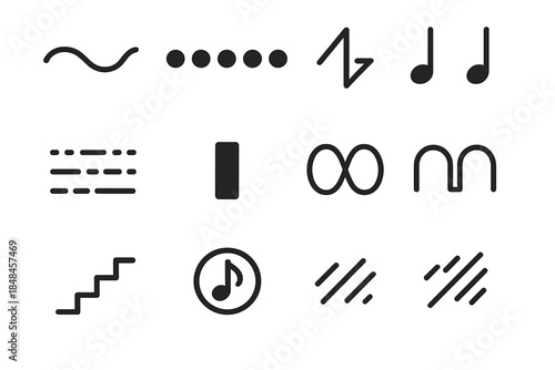 Rhythm Icons Design. Rhythm Icons linear set: flowing wave, repeating dots, tempo line, pulse circle, cadence marks, patterned strokes, steady beat bar, oscillation loop, rhythmic