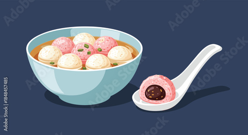 Delicious-looking bowl of Tangyuan, a Chinese dessert of glutinous rice balls in a sweet soup, with one pink ball cut open on a spoon to show the sweet red bean paste filling.