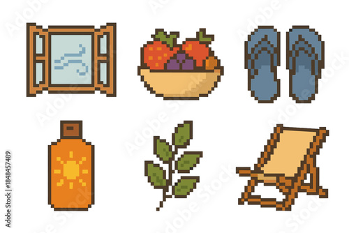 Independence Day Icons. Independence Day Seasonal Living set of icons in flat pixel vector style: open window breeze, fruit bowl, outdoor shoes, sun lotion bottle, leaf sprig,