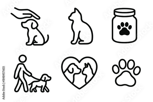 Pet Bonding Icons. Companion animals linear set: bonding hand, pet silhouette, treat jar, walking path, cuddle icon, relaxed paw.