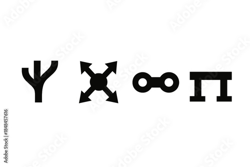 Brutalist Network Icon Set. Adaptive Distribution Networks silhouette set: multi-route strand, supply-shift node, continuity-support bar.