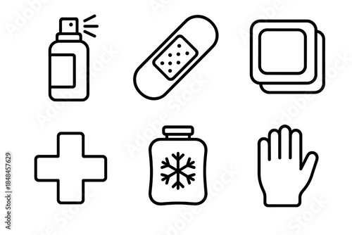First Aid Icons. First Response Supplies linear set: spray disinfectant, bandage strip, sterile gauze, cold compress, aid symbol, protective glove.