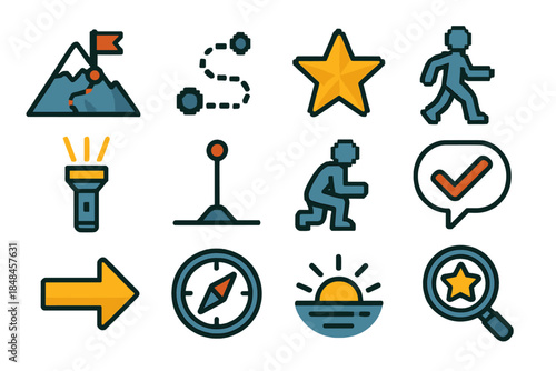 Goal Icons Collection. Goal Imagery Elements pixel style set: destination peak, roadmap line, aspiration star, purposeful stride icon, inspiring light beam, progress marker, action