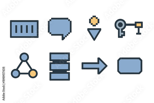 Neural Icon Set. Neural memory elements set of icons in flat pixel vector style: vector slot, context bubble, attention marker, key–value pair, recall gate, memory bank, linking