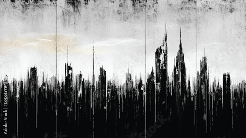 Abstract cityscape: a dark, textured, and atmospheric urban landscape depiction.