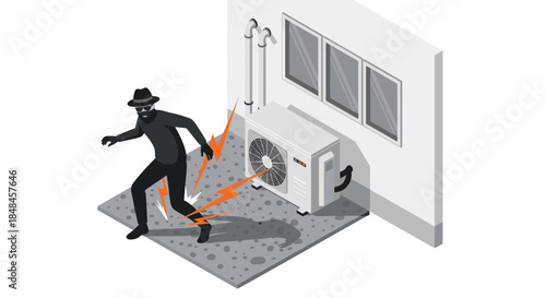 Isometric illustration depicting a home security concept, where a thief in black clothing gets an electric shock from a protected air conditioner outdoor unit, symbolizing anti-theft measures.