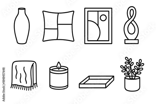 Contemporary Decor Icons. Contemporary Decor Collection linear set: sleek vase, color-block pillow, framed abstract panel, art sculpture, soft-texture throw, candle jar, decorative