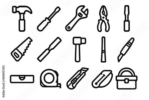 Tool Icons Collection. Professional Hand Tools linear set: hammer tile, screwdriver node, adjustable spanner bar, pliers ring, saw patch, chisel stripe, mallet panel, file arrow,