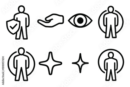 Guardian Icon Set. General Guardian linear set: protective figure, shield icon, guiding hand, watchful eye, steady stance, safety ring, guardian spark, protective arc.